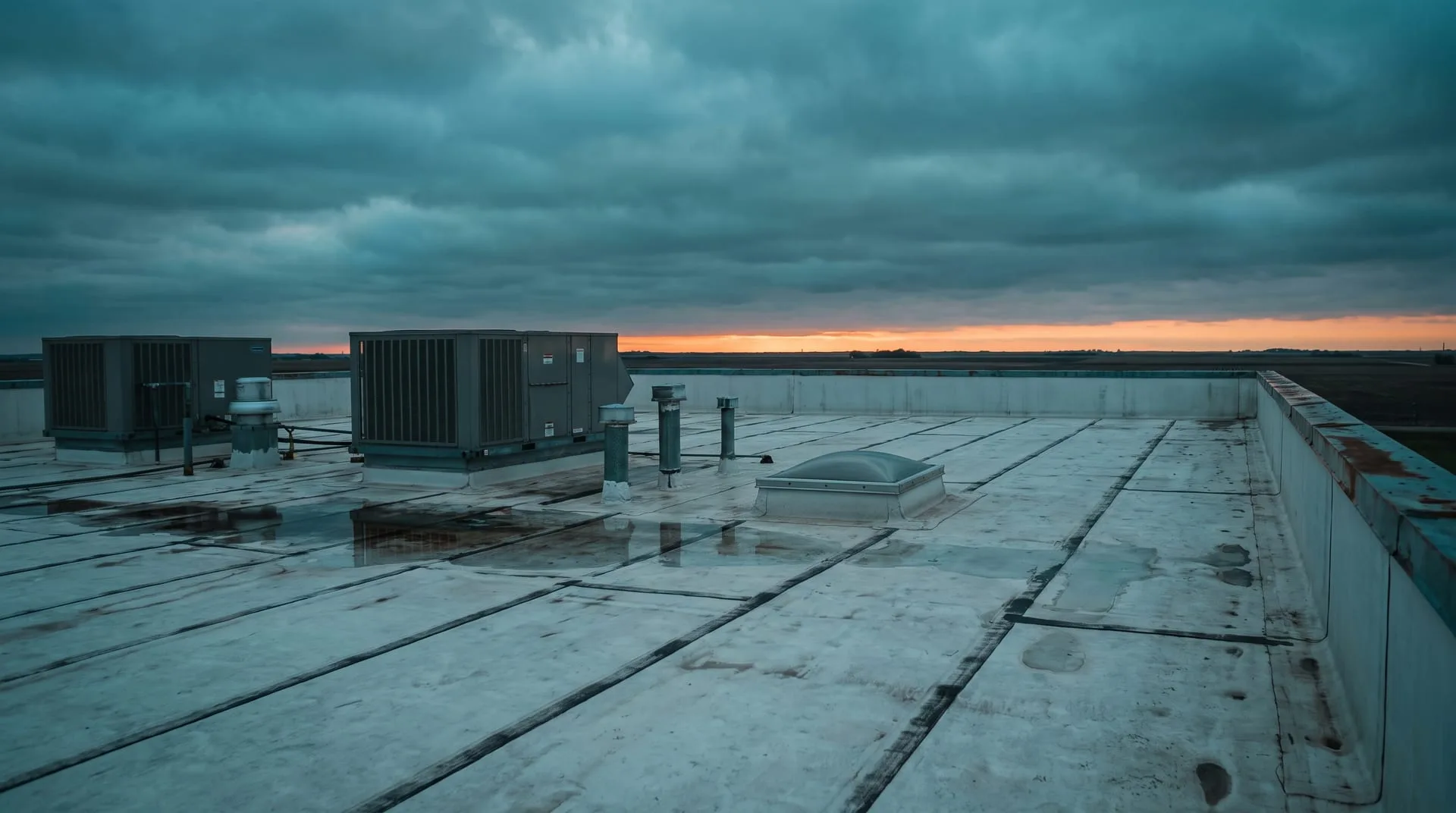 A flat commercial roof at dusk: single-ply TPO membrane with welded seams, rooftop HVAC units, vent stacks and a parapet wall.